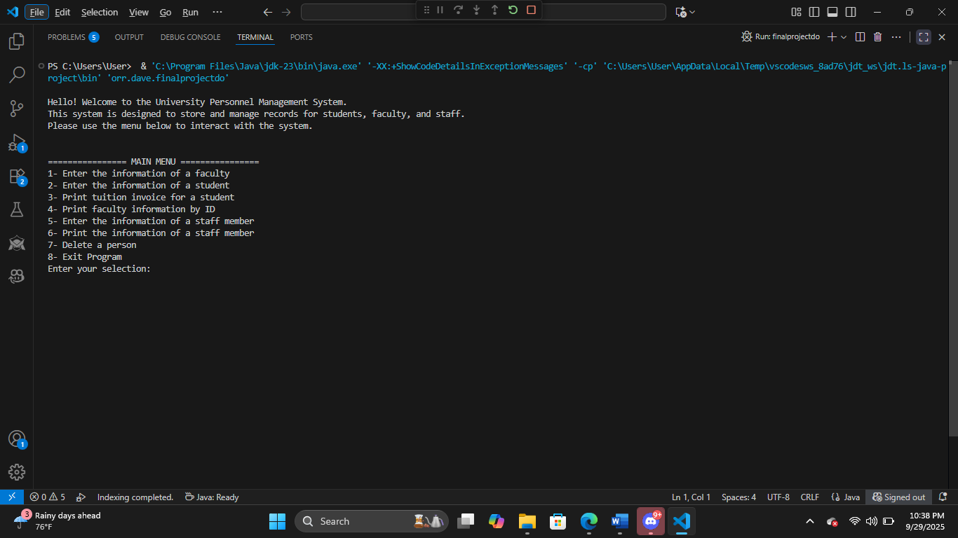 Console main menu of the personnel management system